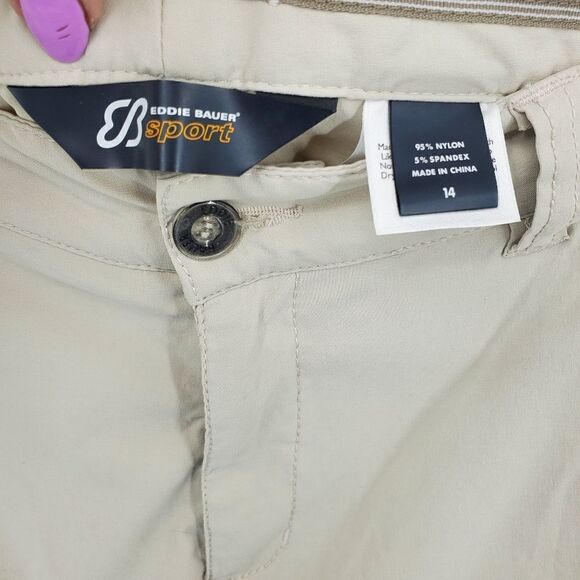 Eddie Bauer Sports Khaki Color Cropped Pants Size 14 W/ Adjustable Side Buttons - Picture 2 of 10